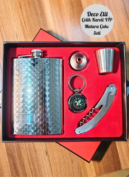 Çelik Matara Konyak Hediye Seti Kabartma Kareli VİP Çok Amaçlı Çakı ve Pusula Anahtarlıklı - Resim 10