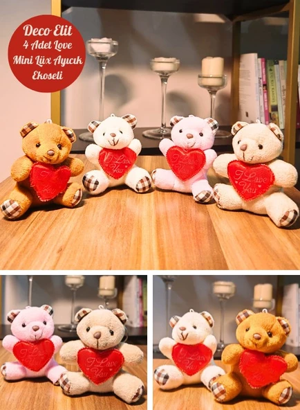 4 Adet Mini Lüx Ayıcık Kalpli Love Yazılı Hediyelik Ayıcık 11 cm x 9 cm - 3
