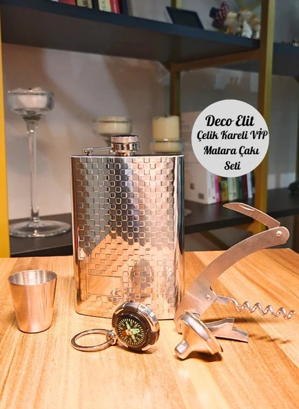 Çelik Matara Konyak Hediye Seti Kabartma Kareli VİP Çok Amaçlı Çakı ve Pusula Anahtarlıklı - Resim 8