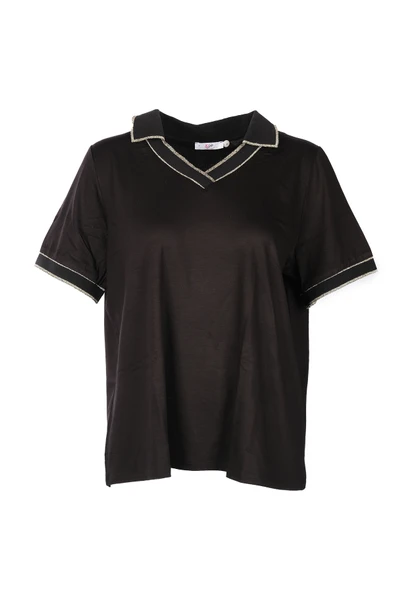 Vedi Büyük Beden Polo Yaka Sim Detaylı Kadın T-Shirt - 3