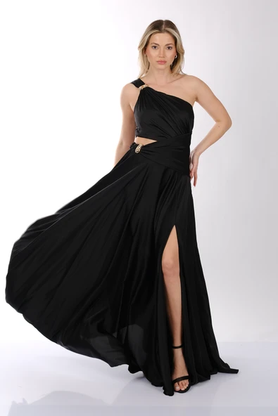 DORİDORCA Tek Omuzlu Tokalı Kiloş Saten Abiye Elbise - Resim 3