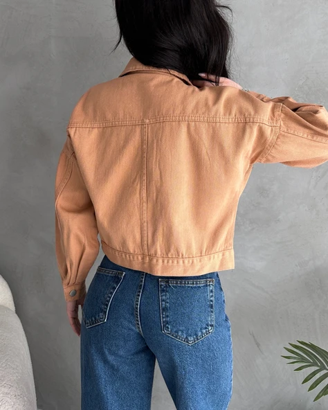 Çift Cep Crop Denim Ceket - 2