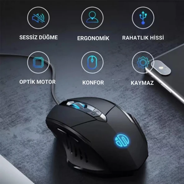 Polham Süper Sessiz 1.5 Metre Kablolu 7200 DPİ Ergonomik Oyuncu Mouse, Gecikmesiz Universal Süoer Mouse - 2