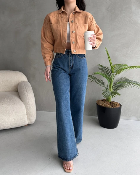 Çift Cep Crop Denim Ceket - 5