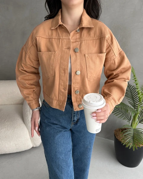 Çift Cep Crop Denim Ceket - 3