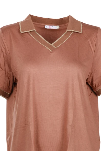 Vedi Büyük Beden Polo Yaka Sim Detaylı Kadın T-Shirt - 4