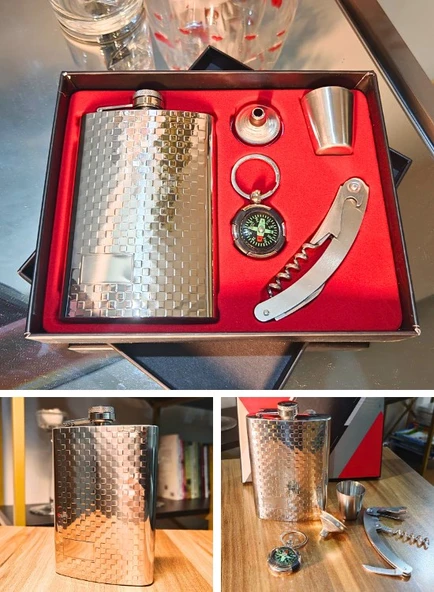 Çelik Matara Konyak Hediye Seti Kabartma Kareli VİP Çok Amaçlı Çakı ve Pusula Anahtarlıklı - Resim 2