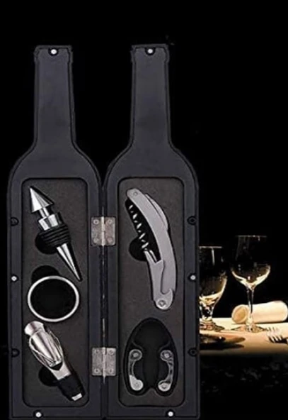 5 Parça Çelik Şişe Açacağı Seti Dekoratif Kılıf ile Şık Hediye Seti , Wine Opener Gift Set - 2