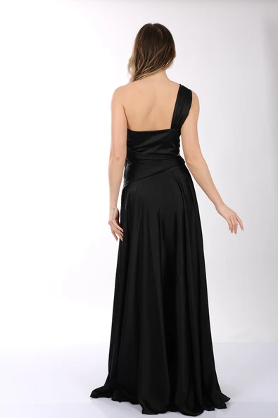 DORİDORCA Tek Omuzlu Tokalı Kiloş Saten Abiye Elbise - Resim 6