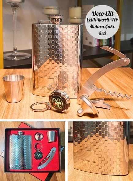 Çelik Matara Konyak Hediye Seti Kabartma Kareli VİP Çok Amaçlı Çakı ve Pusula Anahtarlıklı - Resim 3
