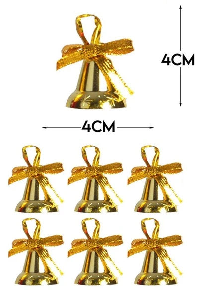 6 Adet Mini Çan Süs Yılbaşı Çam Ağacı Süsü 4 cm Altın Sarısı Kurdeleli Zil Gold Yılbaşı Çam Ağacı - 3