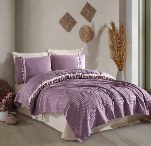 Butik Tek Kişilik Püsküllü Pike Takımı Bohamline V7 Lila