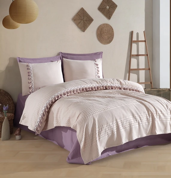 Butik Tek Kişilik Püsküllü Pike Takımı Bohamline V8 Taş Rengi