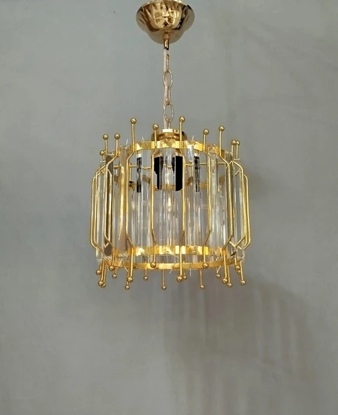 Orta Boy Cam Taşlı Metal Avize GOLD
