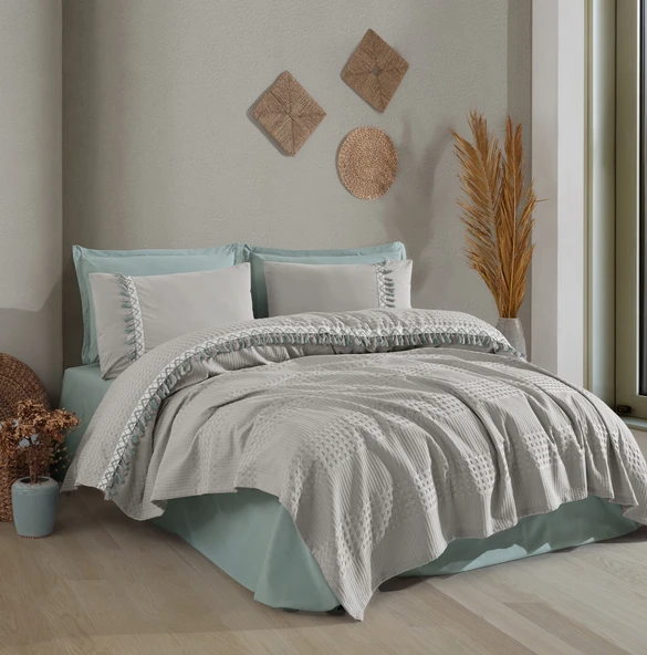 Butik Tek Kişilik Püsküllü Pike Takımı Bohamline V10 Açık Gri