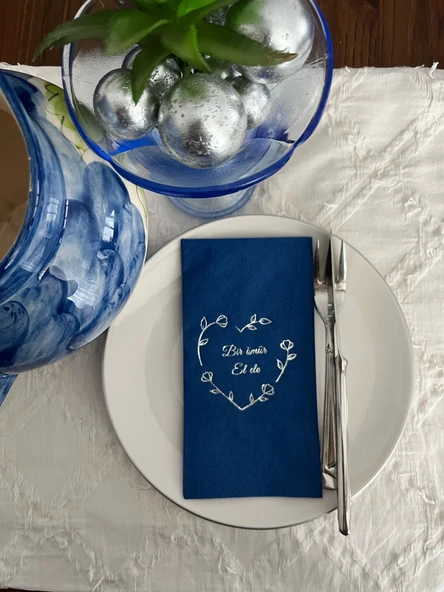 Gümüş Yaldızlı Bodrum Mavisi Bir Ömür El Ele Peçete 16 Adet ürün görseli 1