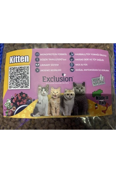 Exclusion 2kg Tavuklu, Yaban Mersinli Ve Narlı Düşük Tahıllı Yavru Kedi Maması (MADE İN İTALY) (1KG 1KG)