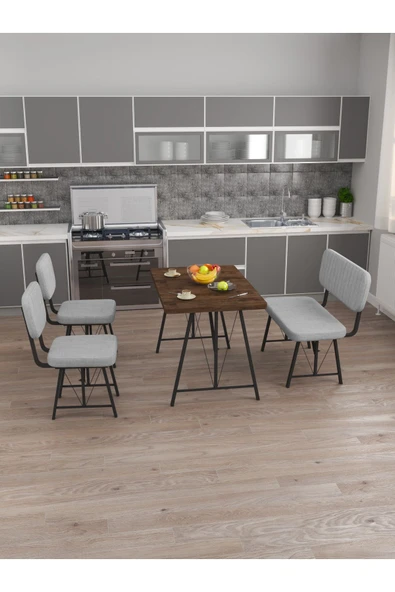 Hayat 70x110 Amalfi Mutfak Masası, Mutfak Masası Takımı, Yemek Masası, 2 Sandalye 1 Bench - Açık Gri - 3
