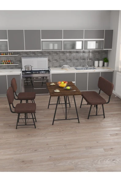 Hayat 70x110 Amalfi Mutfak Masası, Mutfak Masası Takımı, Yemek Masası, 2 Sandalye 1 Bench - Kahve - 3