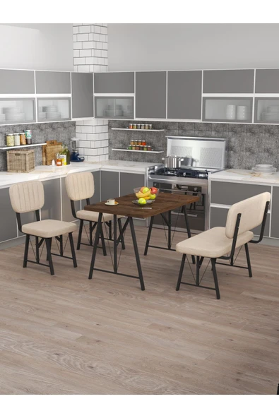 Hayat 70x110 Amalfi Mutfak Masası, Mutfak Masası Takımı, Yemek Masası, 2 Sandalye 1 Bench - Krem
