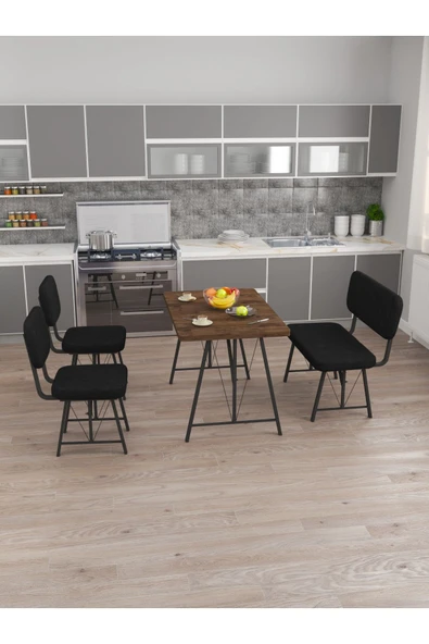 Hayat 70x110 Amalfi Mutfak Masası, Mutfak Masası Takımı, Yemek Masası, 2 Sandalye 1 Bench - Siyah - 3