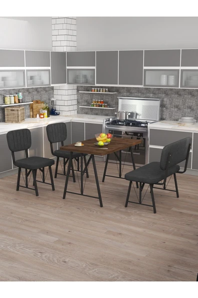 Hayat 70x110 Amalfi Mutfak Masası, Mutfak Masası Takımı, Yemek Masası, 2 Sandalye 1 Bench - Antrasit