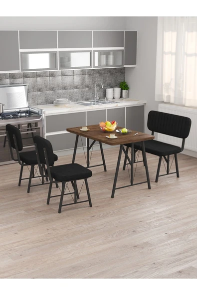 Hayat 70x110 Amalfi Mutfak Masası, Mutfak Masası Takımı, Yemek Masası, 2 Sandalye 1 Bench - Siyah - 2