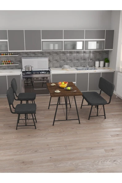 Hayat 70x110 Amalfi Mutfak Masası, Mutfak Masası Takımı, Yemek Masası, 2 Sandalye 1 Bench - Antrasit - 3
