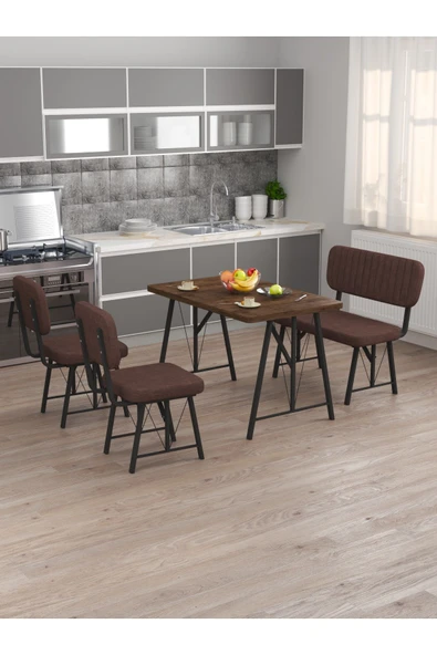 Hayat 70x110 Amalfi Mutfak Masası, Mutfak Masası Takımı, Yemek Masası, 2 Sandalye 1 Bench - Kahve - 2