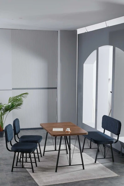 Hayat 70x110 Amalfi Mutfak Masası, Mutfak Masası Takımı, Yemek Masası, 2 Sandalye 1 Bench - Lacivert