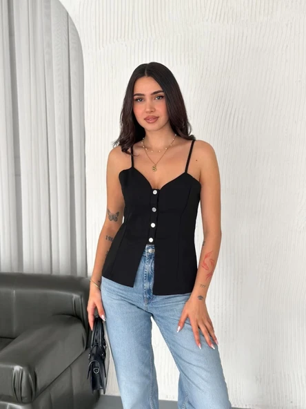 Askılı Dekolte Deraylı Bluz Crop - Siyah