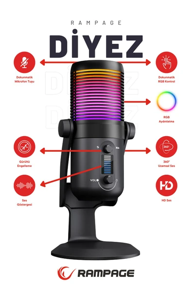 Diyez Siyah Rgb Ses Gösterge Mikrofon Oyuncu Mikrofonu Yayıncı Mikrofonu Youtuber Mikrofonu