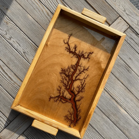 Lichtenberg Desenli Epoksi Kaplamalı Ahşap Sunum Tepsisi (30x45 cm) - 2