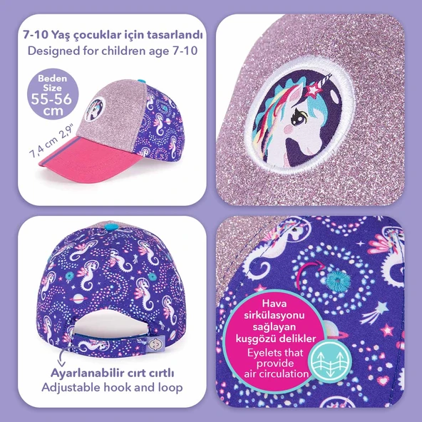 Milk&Moo Ayris 7-10 Yaş Kız Çocuk Şapkası – Unicorn Temalı, Simli Pembe ve Mor Renkli, Ayarlanabilir ve Nefes Alabilir Tasarım - 6