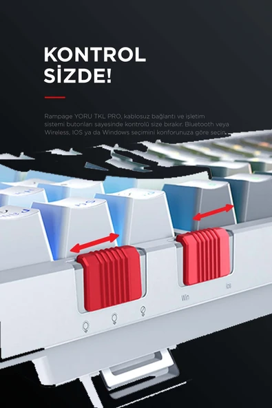 Yoru Tkl Pro Gri/Beyaz WİFİ+Bluetooth Klavye  Red Swich Q Mekanik Klavye Gaming Oyuncu Klavye - Resim 6