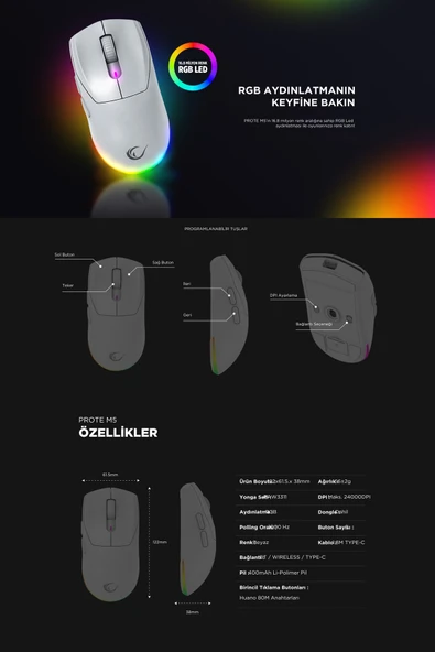 Prote M5 Bluetooth-kablosuz-kablolu Rgb Şarjlı 24000 Dpı 3311 Hafif Gaming Mouse Oyuncu Mouse Beyaz - 8