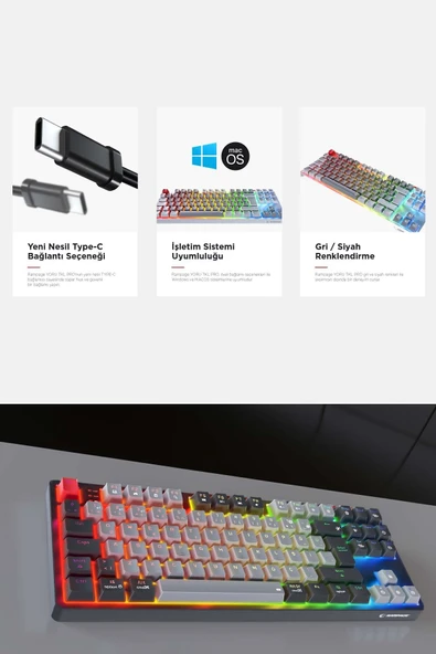 Yoru Tkl Pro Gri/Beyaz WİFİ+Bluetooth Klavye  Red Swich Q Mekanik Klavye Gaming Oyuncu Klavye - Resim 8