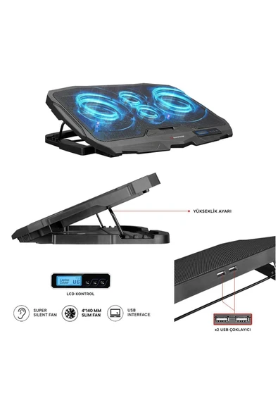Ad-rc4 Mavi Ledli 15-17 Inç 4 Fanlı Kontrol Panelli Pro Notebook Laptop Soğutucu Stand - 2