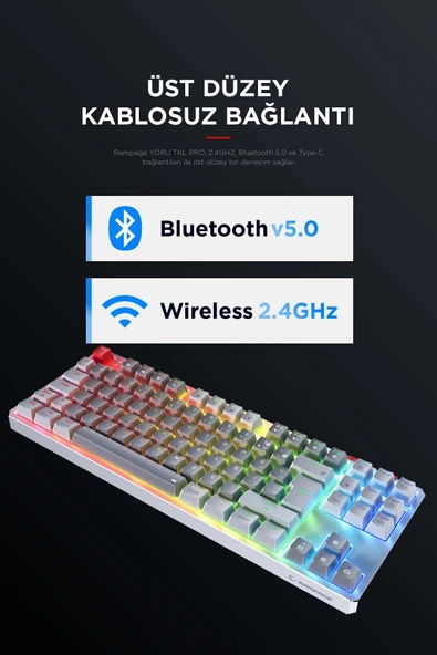 Yoru Tkl Pro Gri/Beyaz WİFİ+Bluetooth Klavye  Red Swich Q Mekanik Klavye Gaming Oyuncu Klavye - Resim 2