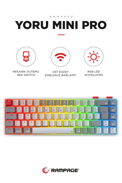 Yoru MİNİ Pro Gri/Beyaz WİFİ+Bluetooth Klavye  Red Swich Q Mekanik Klavye Gaming Oyuncu Klavye