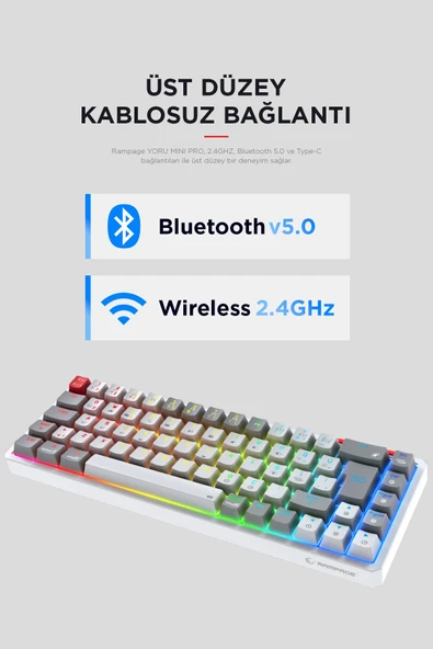 Yoru MİNİ Pro Gri/Beyaz WİFİ+Bluetooth Klavye  Red Swich Q Mekanik Klavye Gaming Oyuncu Klavye - Resim 2