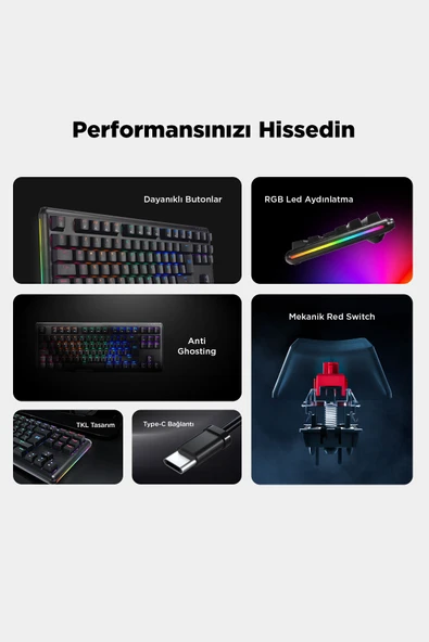 Claw Red Switch Rgb Q Mekanik Klavye Gaming Klavye Oyuncu Klavyesi TKL Klavye Antighosting Kompakt - 7