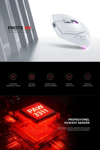 Prote M5 Bluetooth-kablosuz-kablolu Rgb Şarjlı 24000 Dpı 3311 Hafif Gaming Mouse Oyuncu Mouse Beyaz - 2