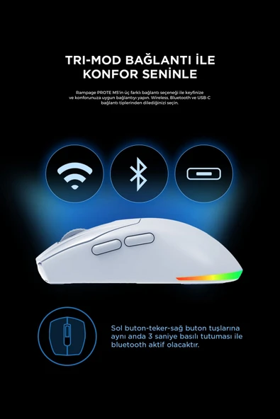Prote M5 Bluetooth-kablosuz-kablolu Rgb Şarjlı 24000 Dpı 3311 Hafif Gaming Mouse Oyuncu Mouse Beyaz - 6