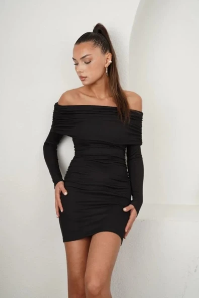 Kadın Madonna Mendil Yaka Fırsat ürün Büzgülü Mini Elbise - 4