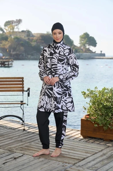 Estiva 25965 Siyah Beyaz Fermuarlı Biyeli Tam Boy  Tesettür Mayo - Resim 7