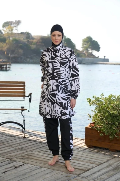 Estiva 25965 Siyah Beyaz Fermuarlı Biyeli Tam Boy  Tesettür Mayo - Resim 5