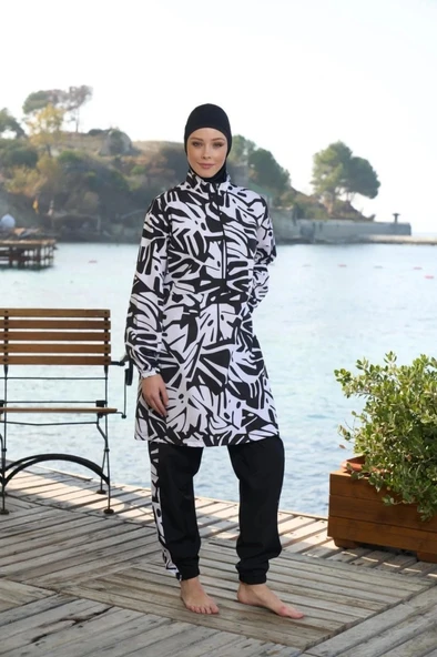 Estiva 25965 Siyah Beyaz Fermuarlı Biyeli Tam Boy  Tesettür Mayo - Resim 4