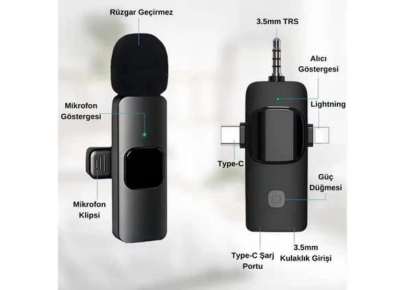 Mikrofon Yaka 2 Adet Kablosuz Type-c Lightning Aux 3 İn 1 Platoon PL-2452 - 3