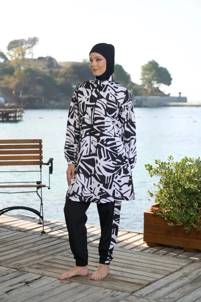 Estiva 25965 Siyah Beyaz Fermuarlı Biyeli Tam Boy  Tesettür Mayo - Resim 3